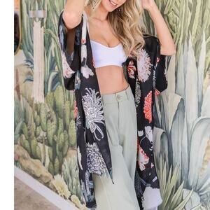 Floral Motif Boho Festival Cover Up Kimono Black